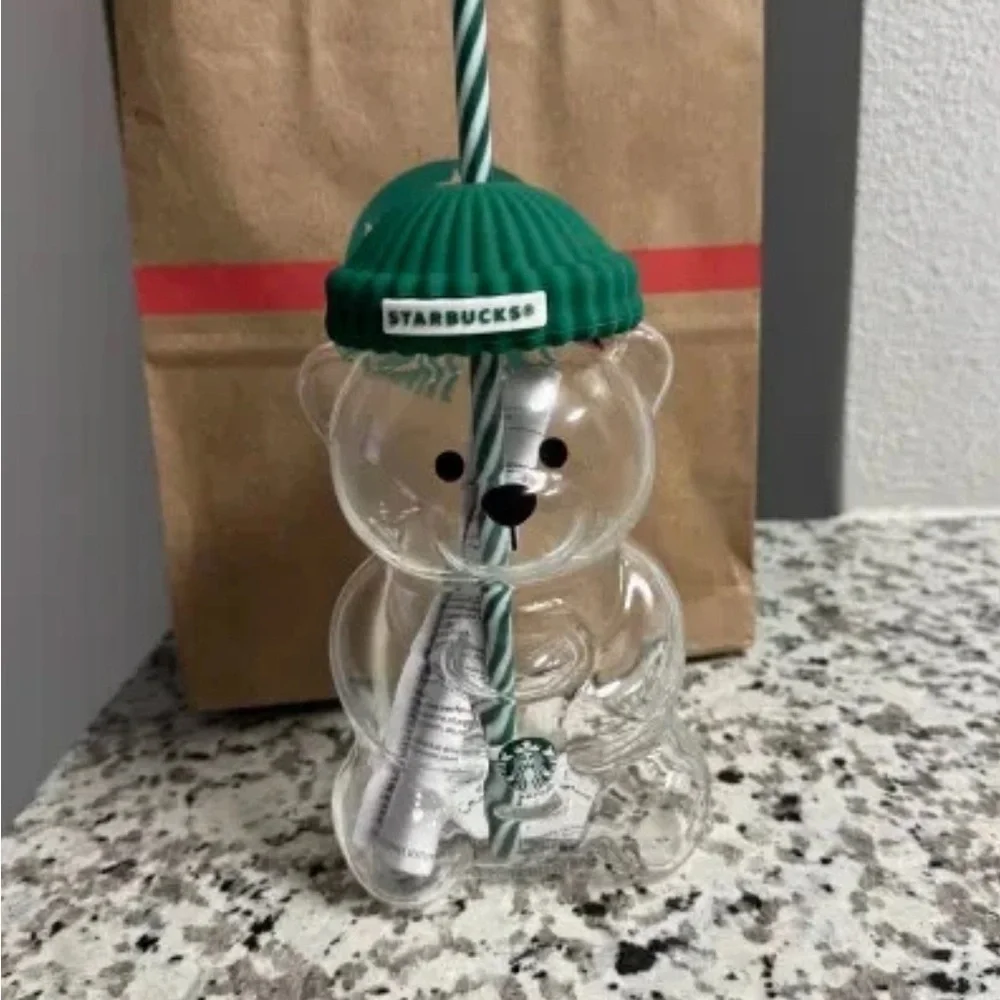 Starbucks 2025 Bearista Bear Glass Cold Cup with Green Hat and Tumbler Straw - Picture 1 of 4